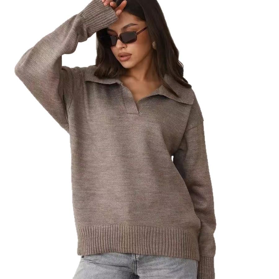 2026POLO lapel sweater women's loose casual European and American autumn and winter spot knitted women's top
