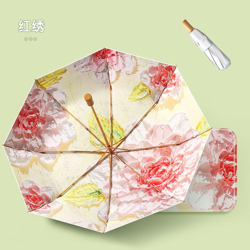 

8-спицевой зонт-трость с открытым рисунком тушью, трехсложенный, с титановым серебристым покрытием, солнцезащитный, солнцеотражающий, красивый женский солнцезащитный зонт