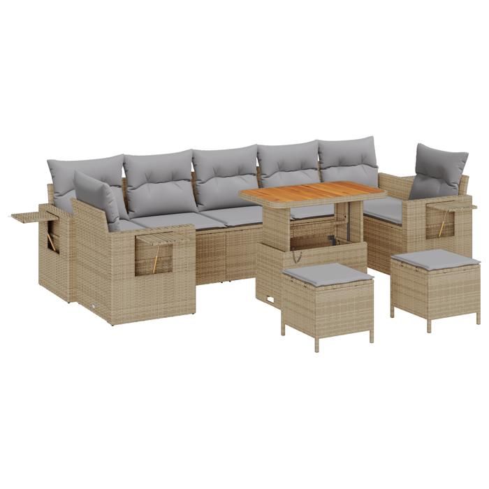 Ensemble de Canapés de Jardin 10 Pièces avec Coussins Beige Rattan Poly Acacia, Ensemble de Dîner 3 Pièces avec Coussins 3361732