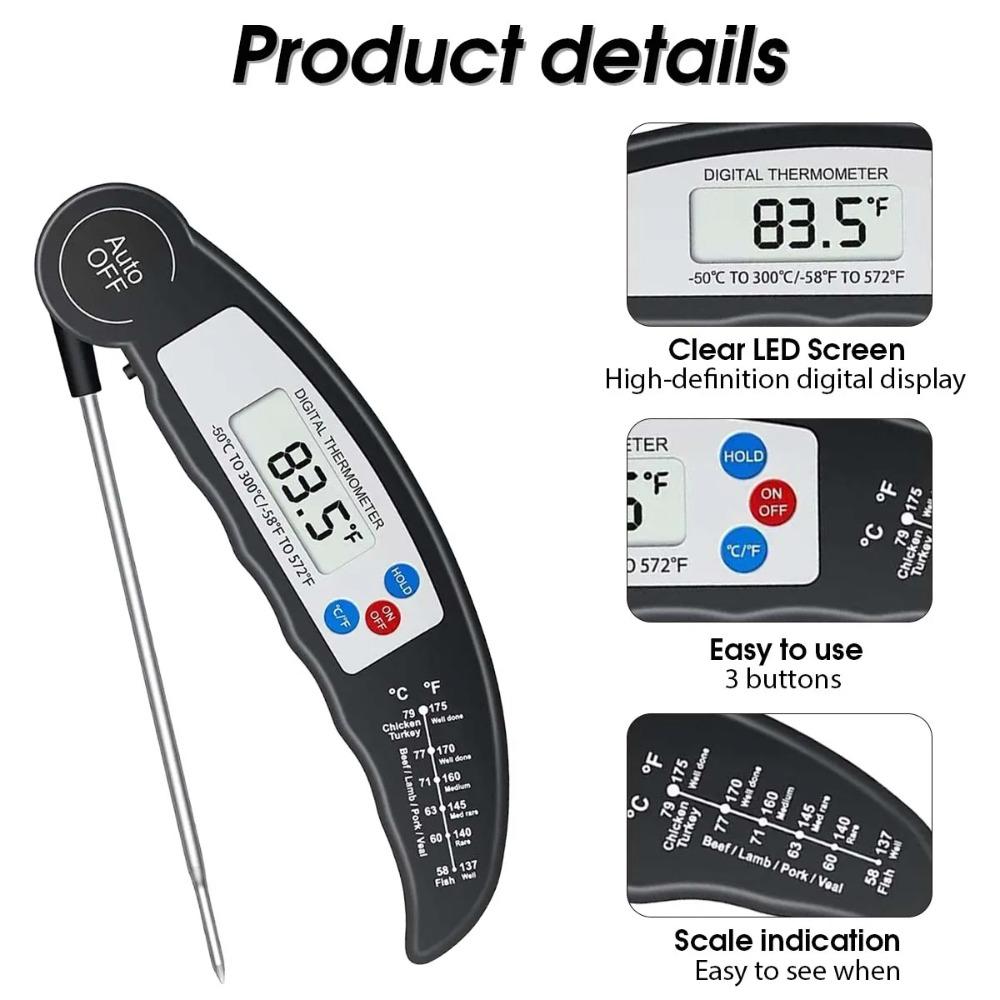 Kitchen Food Thermometer Foldable Probe BBQ Grill Oven Temperature Measurement Tool, Suitable for Meat Water Milk Cooking