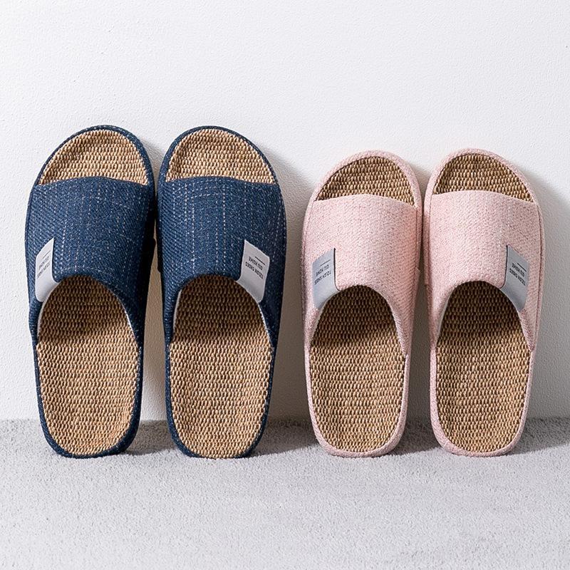 Fashion  Women Men Indoor Slipper Anti-slip Lovers House Floor Shoes Soft Ladies Summer Home Slides Breathable Flax Slippers 44