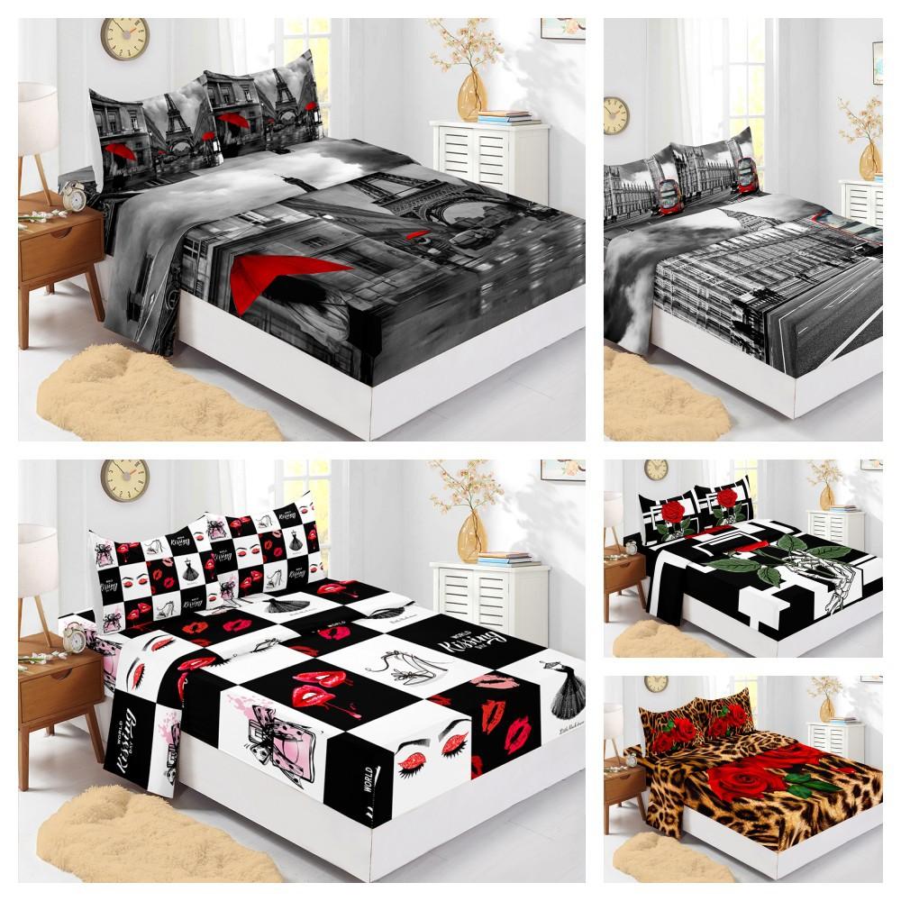 Mattress Four-Piece Set, Landscape Rose City 3D Digital Printing Kit, Mattress Protective Cover