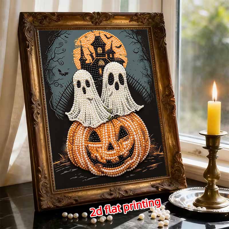 Frameless Pearl Painting Kit Pumpkin Ghost Castle Pattern DIY Shiny Bead Canvas Creative Craft for Adults Home Decor Festival Ornament
