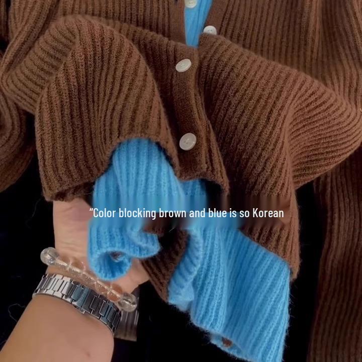 Korean Style Knit V-Neck Color Block Cardigan Sweater for Women - Autumn Wear