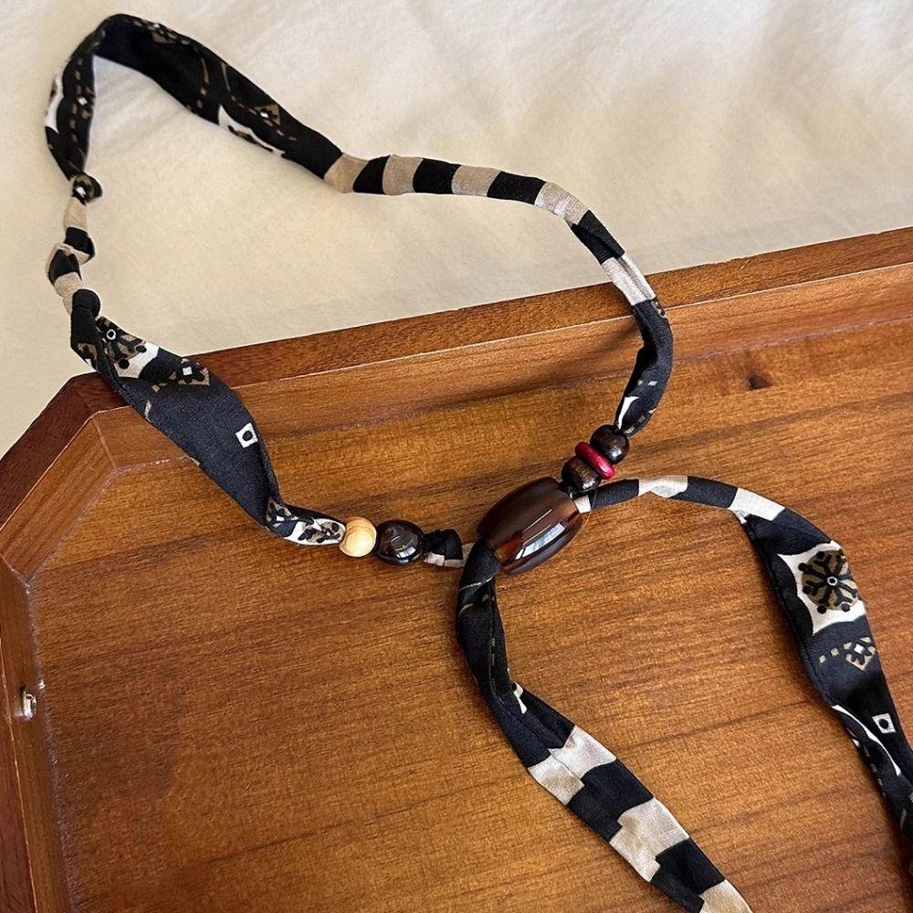 Strip Cloth Chain Necklace Multicolor Bohemian Choker Retro Wood Bead Necklace  Gift