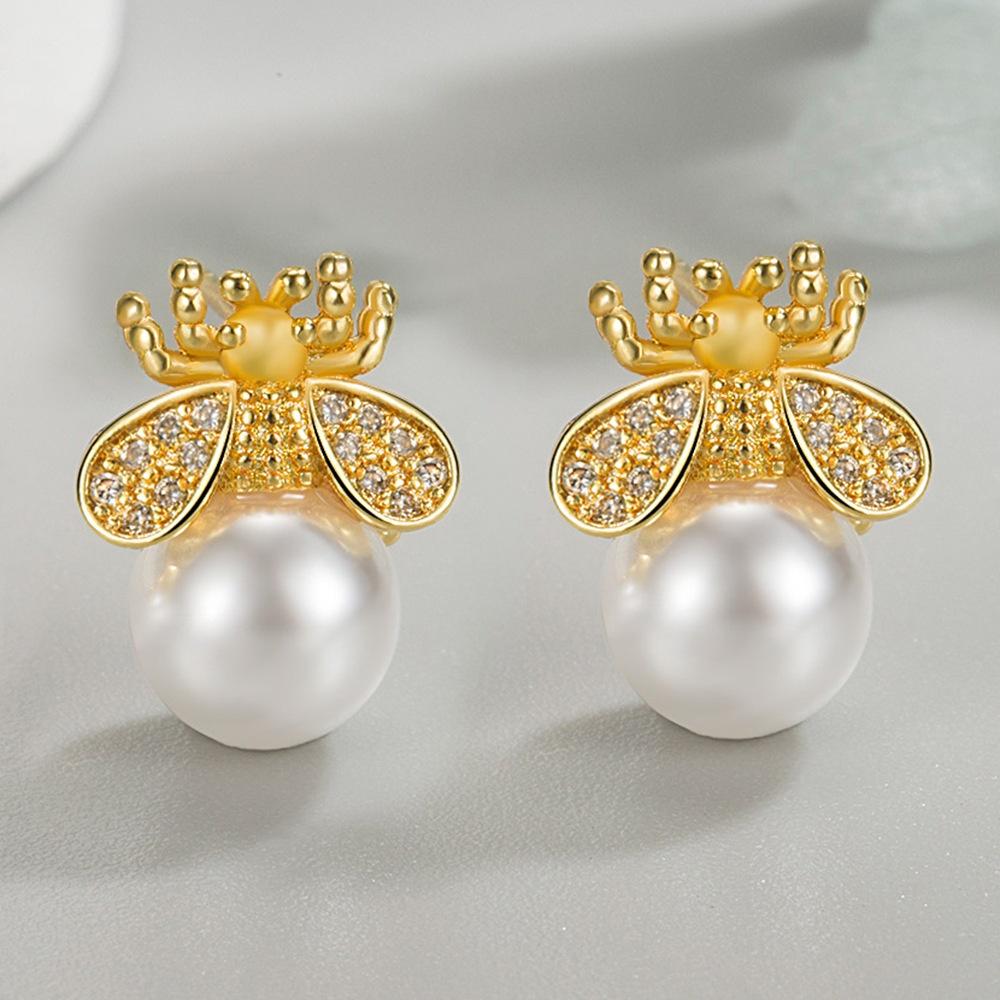 Animal Cute Female White Zircon Pearl Bee Stud Earrings Trendy Fashion Silver Gold Color Wedding Jewelry For Women
