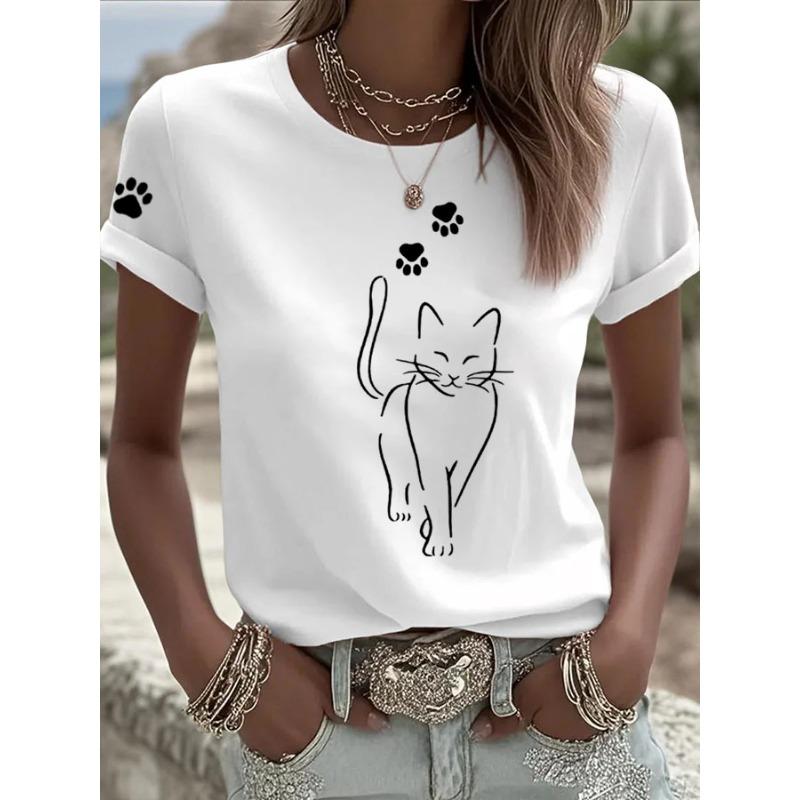 Ilstile Women's Cat Paw Print T-Shirts Summer Short Sleeve Casual Round Neck Tops Black Blue Pink Tees Hot Sale