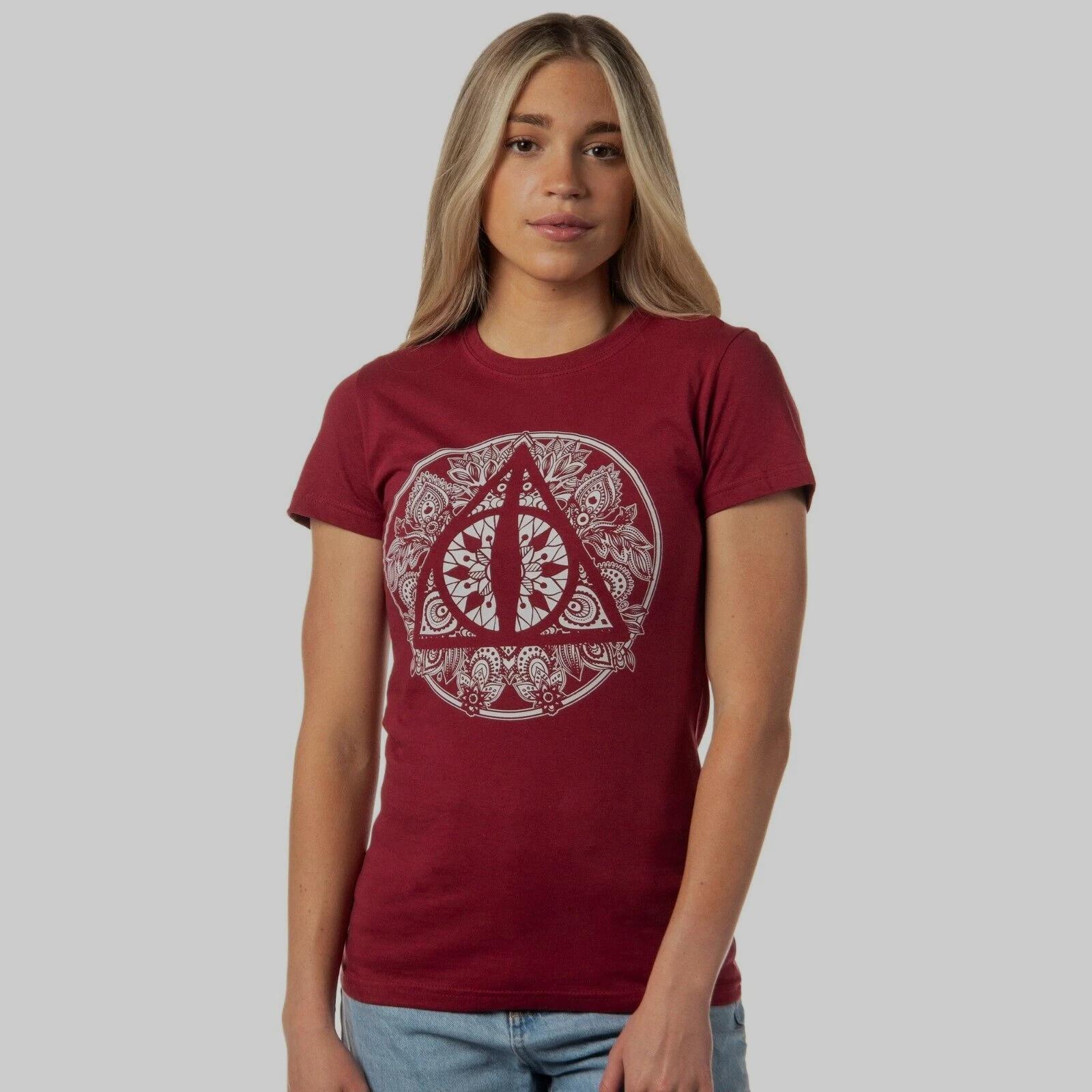 

Harry Potter Juniors The Deathly Hallows Henna Design Maroon Shirt NWT Large L