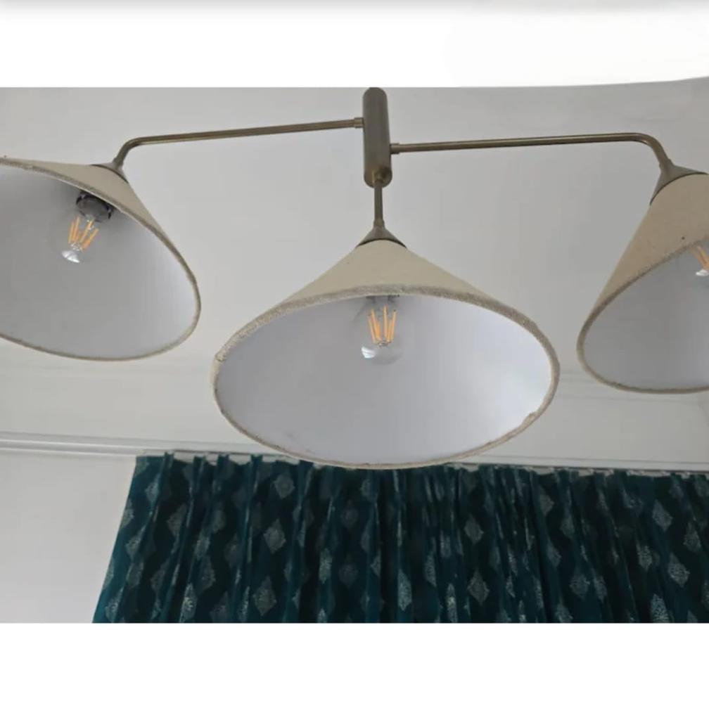 Raw Brass Pendant Light Mid Century Modern 3-Light Ceiling Pendant Fabric Shade