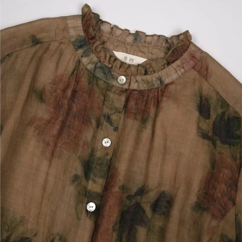 Johnature Women Print Floral Shirts Tops Ramie Stand Long Sleeve Button Autumn Blouses High Quality Vintage Shirts