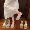 2025 summer new thick heel slippers women's fashion rhinestone flower one-word drag women's head high heel cool slippers