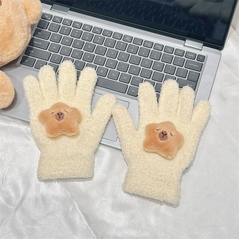 Cute Capybara Gloves Plush Coral Fleece Cold-Proof Gloves Five-Finger Gloves Student Winter Warmer Gloves Girly Christmas Gifts