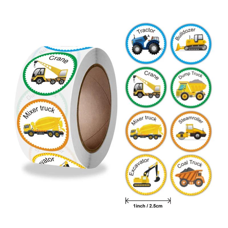 500Pcs/Roll Cartoon Construction Vehicle Transportation Truck Pattern Stickers for Kids Reward Sticker Bulk