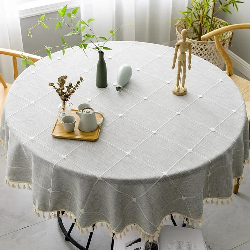 Solid Embroidery Lattice Tablecloth Cotton Linen Dust-Proof Checkered Table Cover For Kitchen Dinning Tabletop Decoration