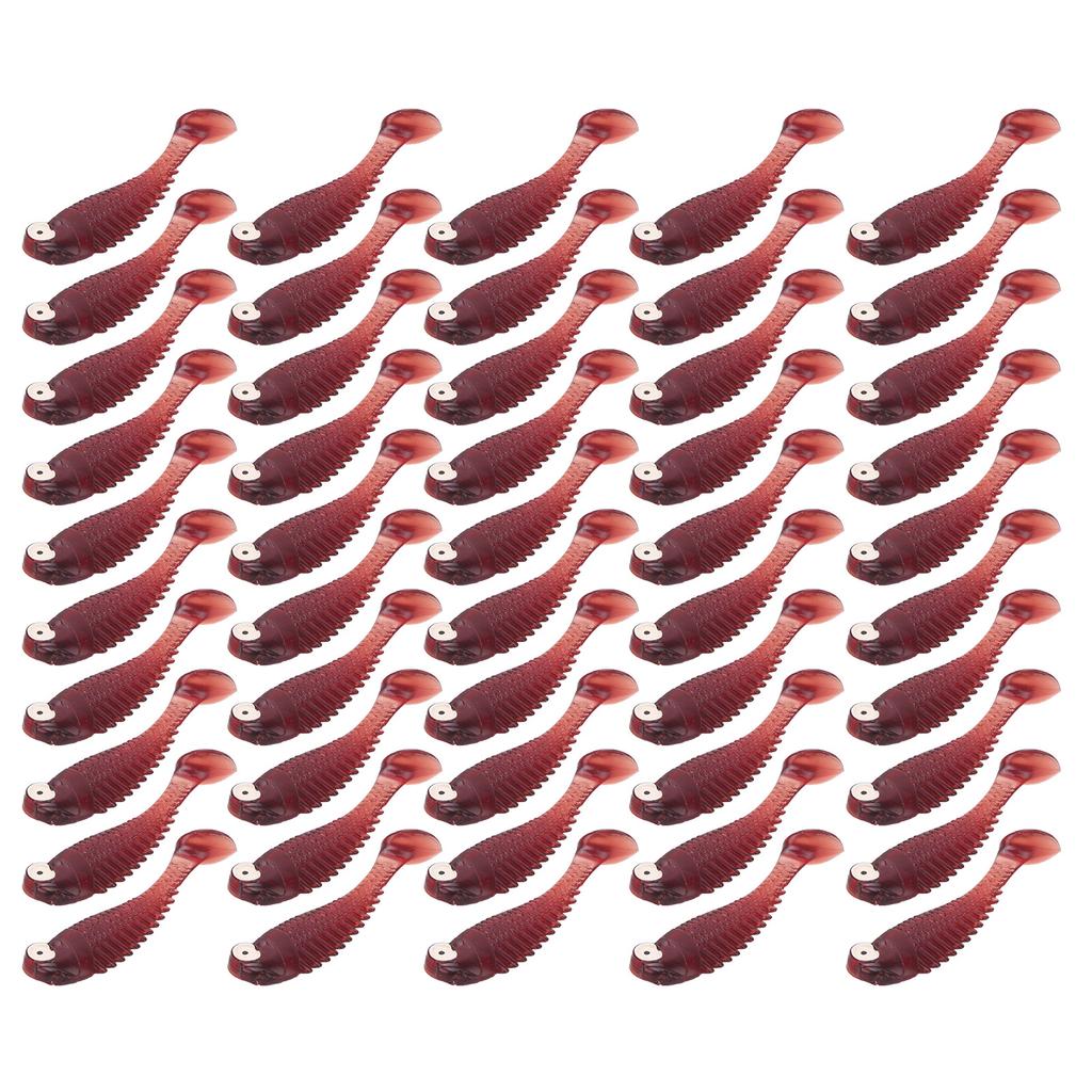 50PcsBag Artificial Fishing Lures Soft Silicone Baits Lifelike Paddle Tail SwimbaitWine Red Color