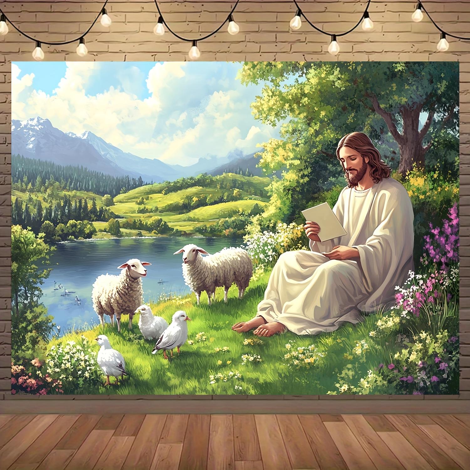 A 2D graphic piece featuring a unique Jesus Christ sitting on the grass  surrounded by sheep and doves as a backdrop (as the picture,150X100)