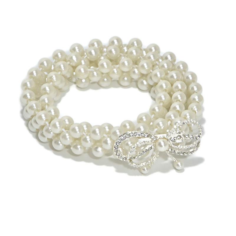 Pearl elastic thin belt fashionsweet rhinestone inlaid bows buckle waist chain