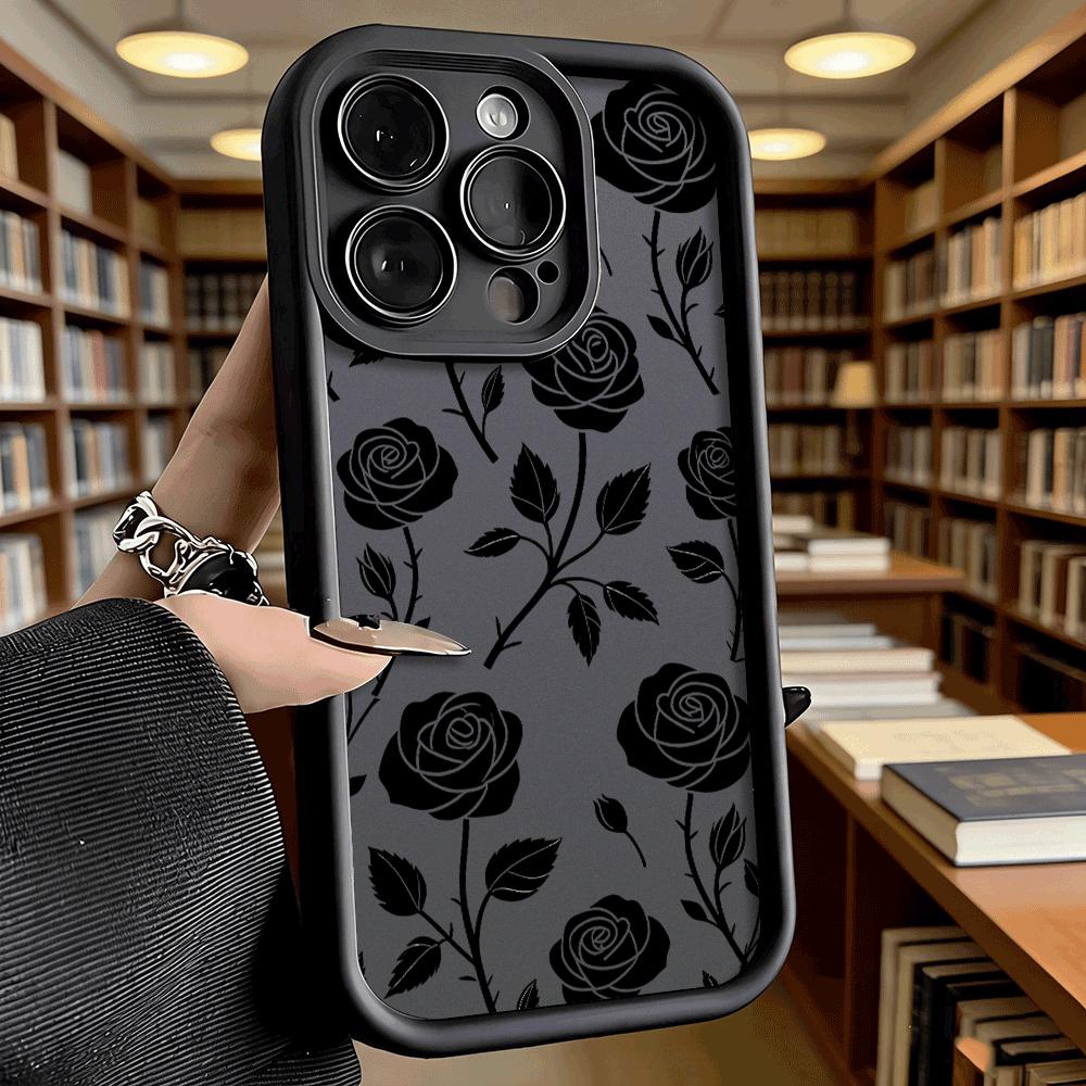 Schwarzes Rosenmuster Weiche TPU-Handyhülle für iPhone 17 16 15 14 13 12 11 Pro Max Plus Stoßfeste Anti-Rutsch-Abdeckung