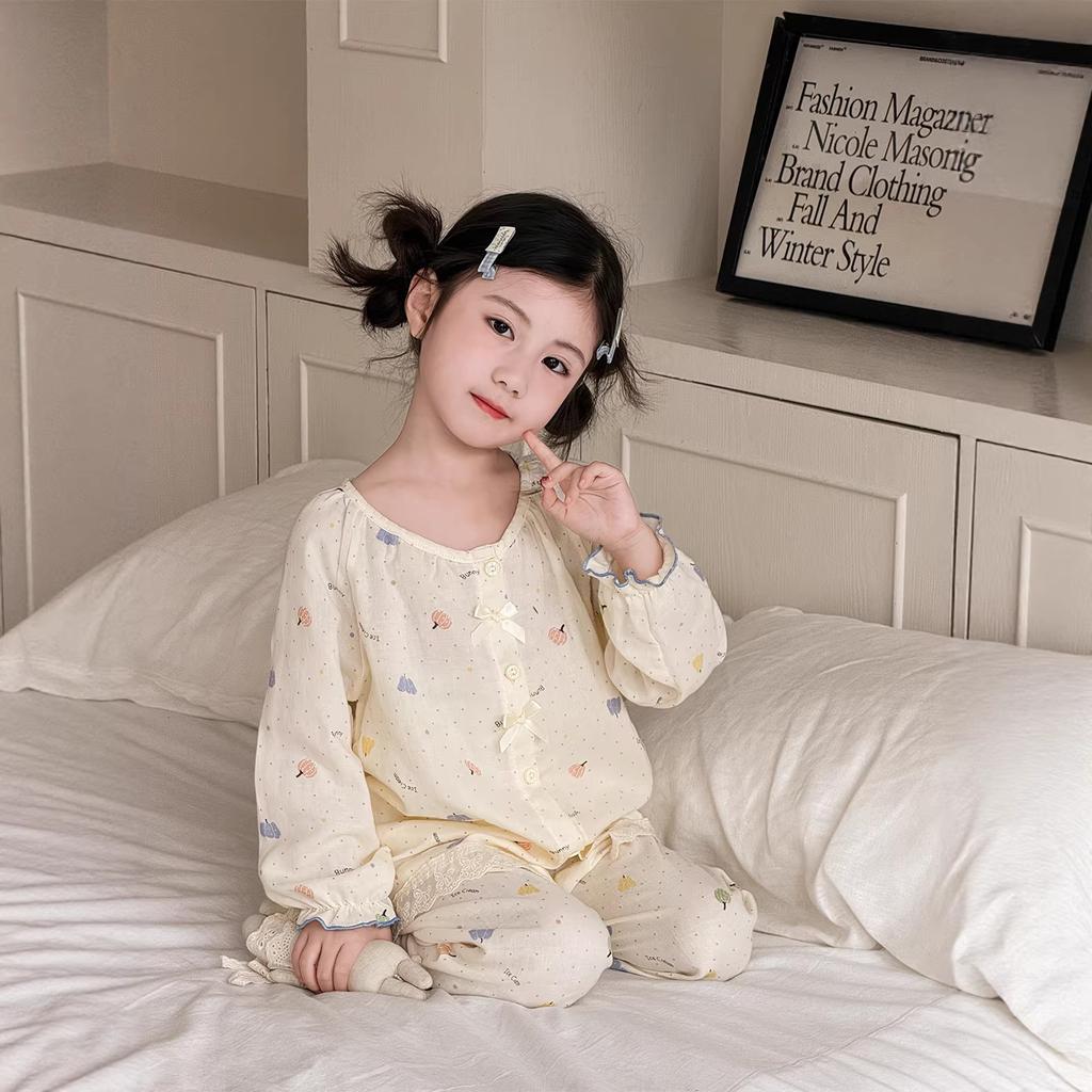 Spring And Summer New Children'S Gauze Pajamas Girls' Princess Style Lace Long-Sleeved Trousers Loungewear Set Loose And Thin