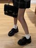 Women's 2024 Black British-Style Lace-Up Leather Shoes: Round Toe, Thick Sole, Patent Mid-Heel for Autumn.