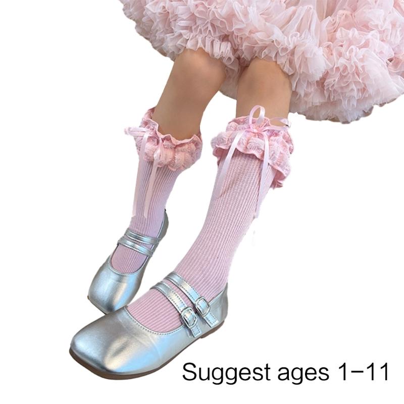Breathable Cotton Hosiery Socks for Girls Toddler Stretchy Knee High Socks Puff Edge Lace Bows Socks for Autumn Spring