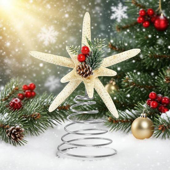 Gwiazda Morska Ozdoba na Wierzchołek Choinki Nadmorska Plażowa Ozdoba na Wierzchołek Choinki z Czerwonymi Jagodami Sosna