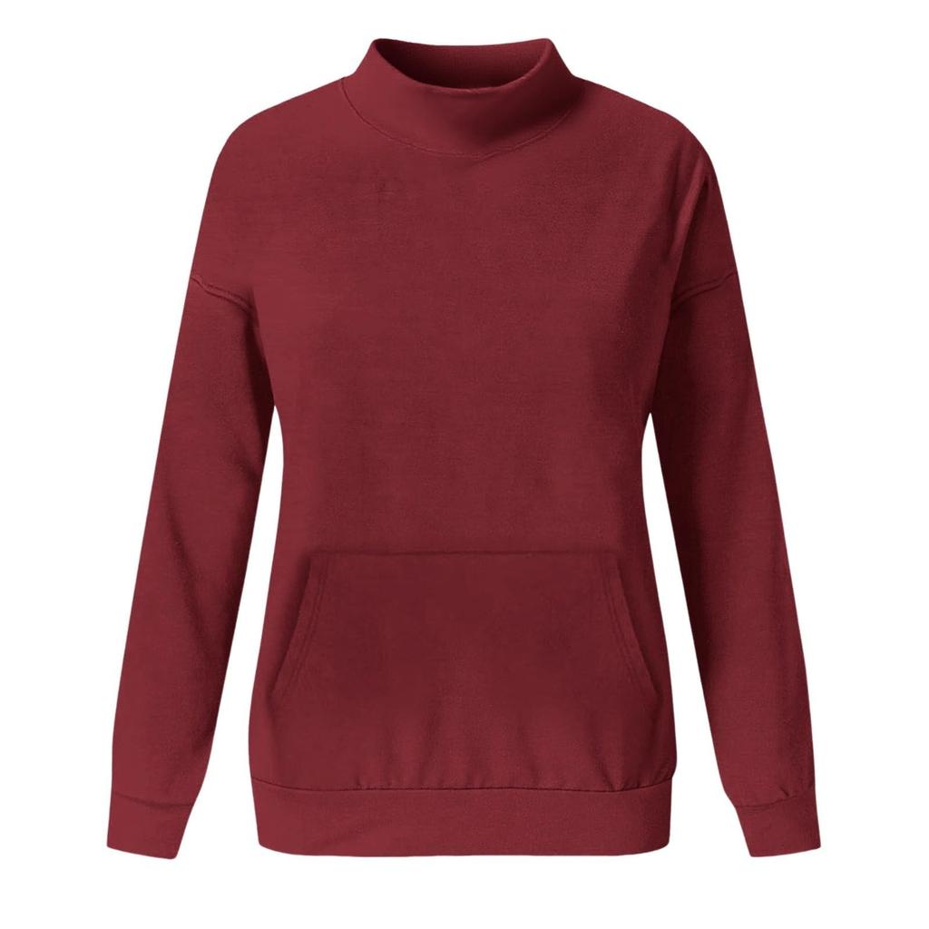 Women's Solid Color Turtleneck Sweatshirt Long Sleeve Pullover with Front Pocket Casual Top for Everyday Wear