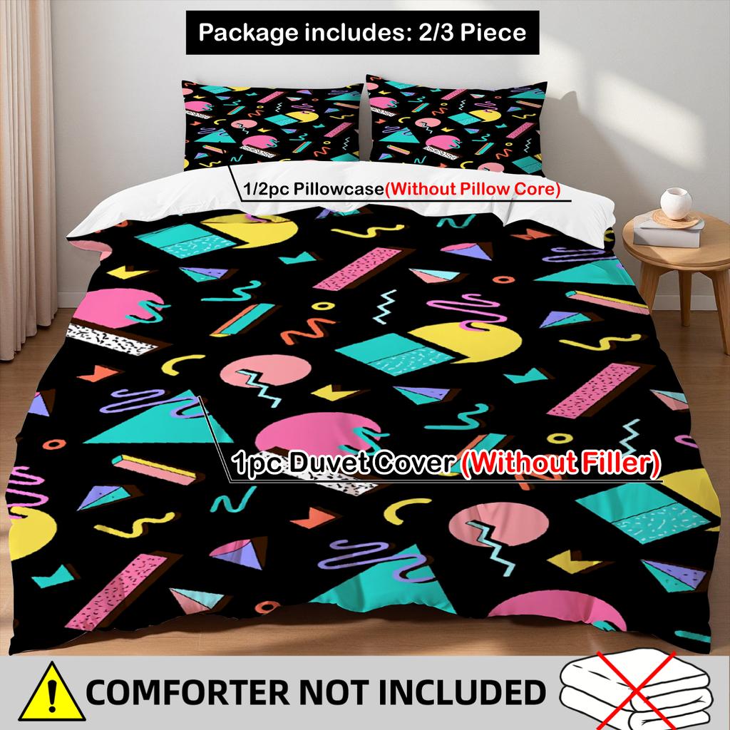 Neon Color Geometric Blocks Lines Bedding Set 3Pcs Duvet Cover No Insert Black Background Queen Size Retro Style Room Decor