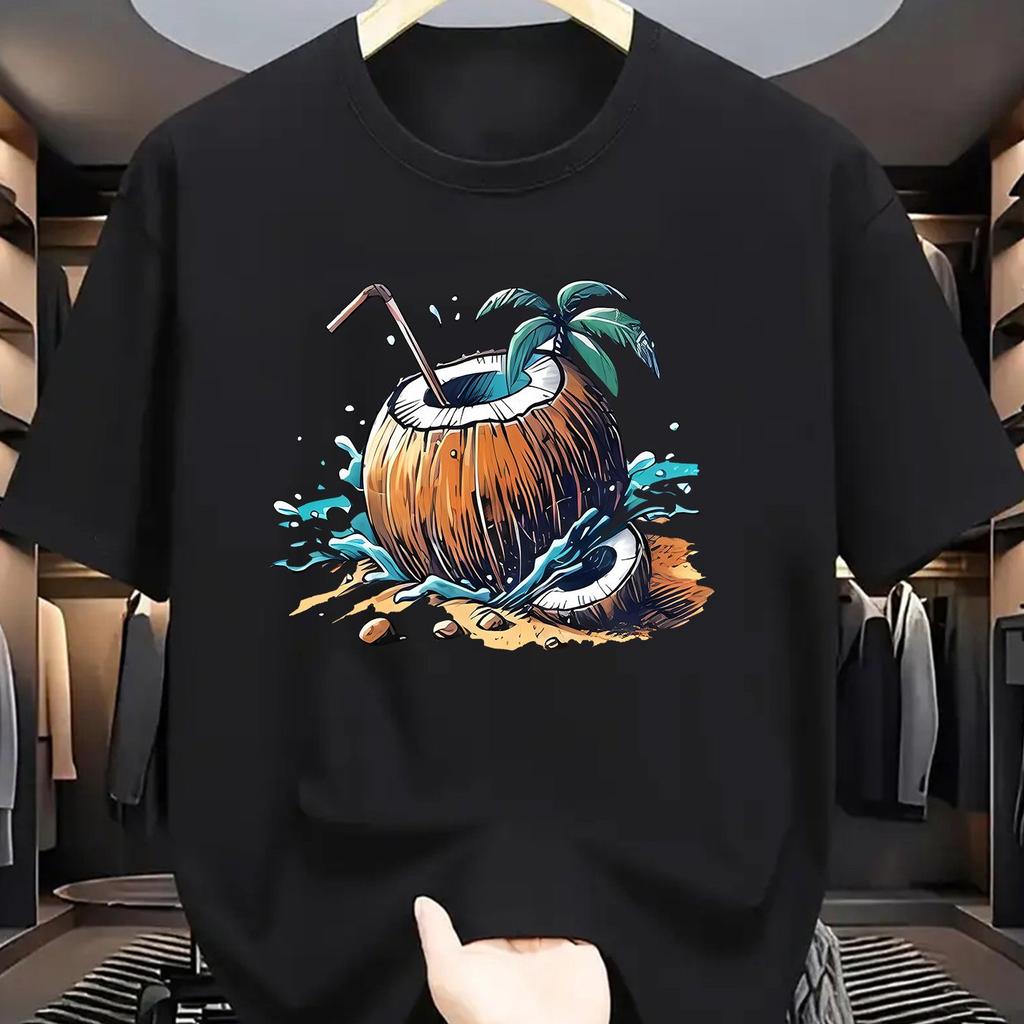 Men's Summer Fashion T-Shirt with Tropical Coconut Tree Straw Print Casual Round Neck Short Sleeve Graphic Tee Men Clothing