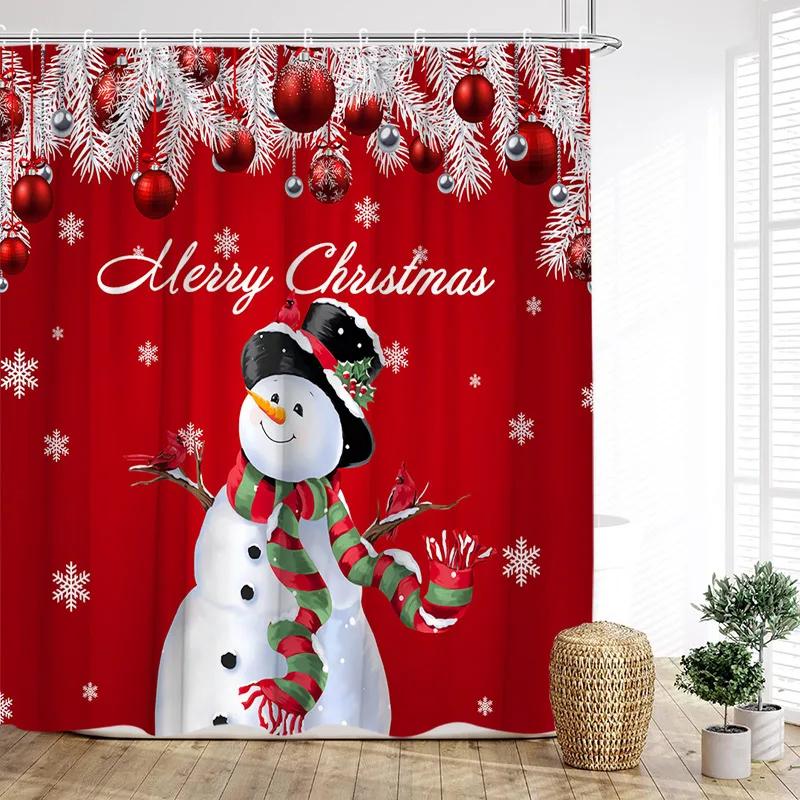GAEFunny Red Santa Claus Shower Curtain Gold Xmas Balls Gifts White Snowflakes Winter Christmas Bath Curtains Home Bathroom De