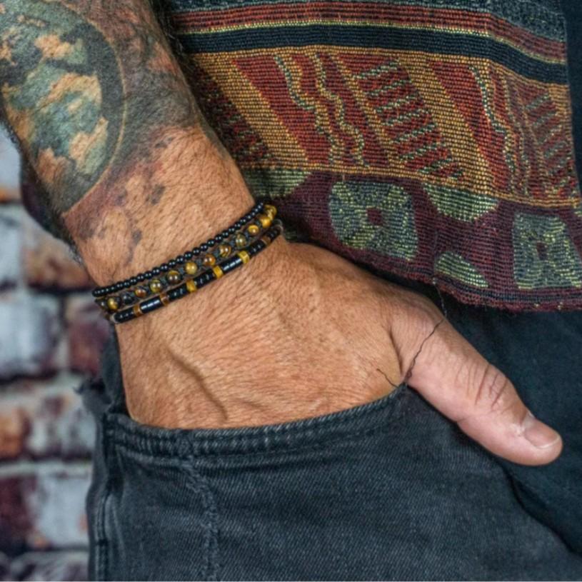 3Pcs/Set Beaded Men Bracelet Braided Rope Brass 4mm Natural Onyx Tiger Eye Stone Adjustable Male Charms Wrist Jewelry Pulseria
