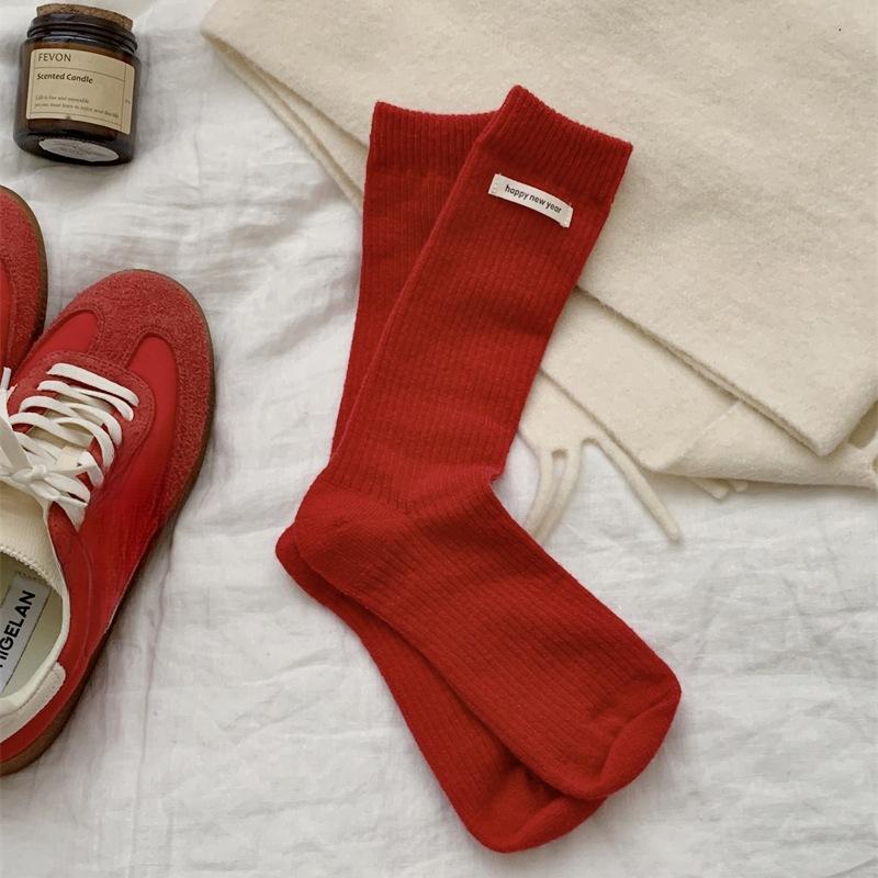 "New Year Christmas Red" Big Red Socks, Women's Fabric Label Mid-calf Socks, Autumn and Winter Big Polka Dot Twist Pile Socks, Long Socks