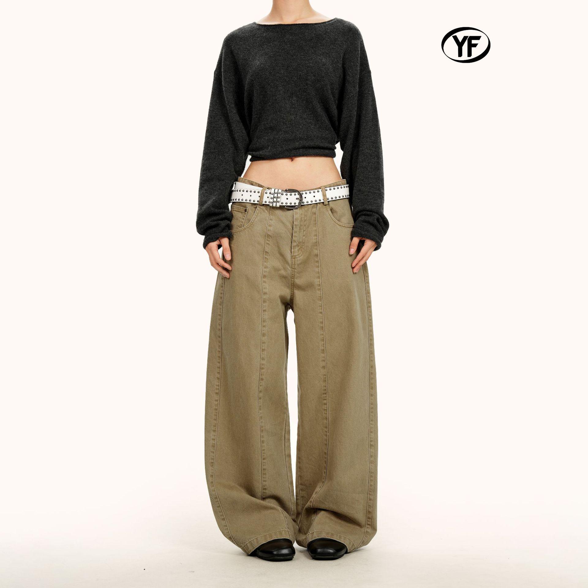 Yongfang Unisex Retro Khaki Patchwork Wide-Leg Jeans XXL