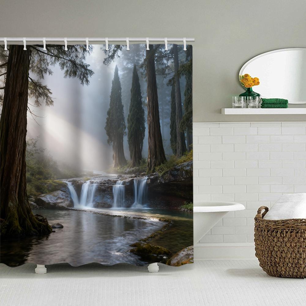 1/4 Forest Waterfalls  Print Shower Curtains, Toilet Seat Decoration, Shower Curtain with Carpet and Toilet Lid, 70.8x70.8 Inch