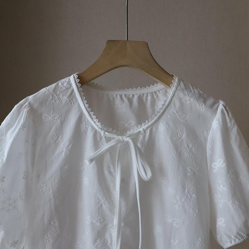 Korean Lace Jacquard Tie-Up Bubble Sleeve Women's Shirt - Summer 2025 Collection