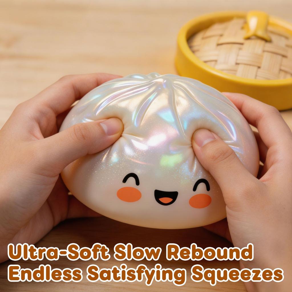 Glitter Dumpling Squishy with Steamer Box, Stress Relief Squeeze Fidget Toy, Glitter Mystery Dumpling Relaxation Toy for Adults, 5 Color Options