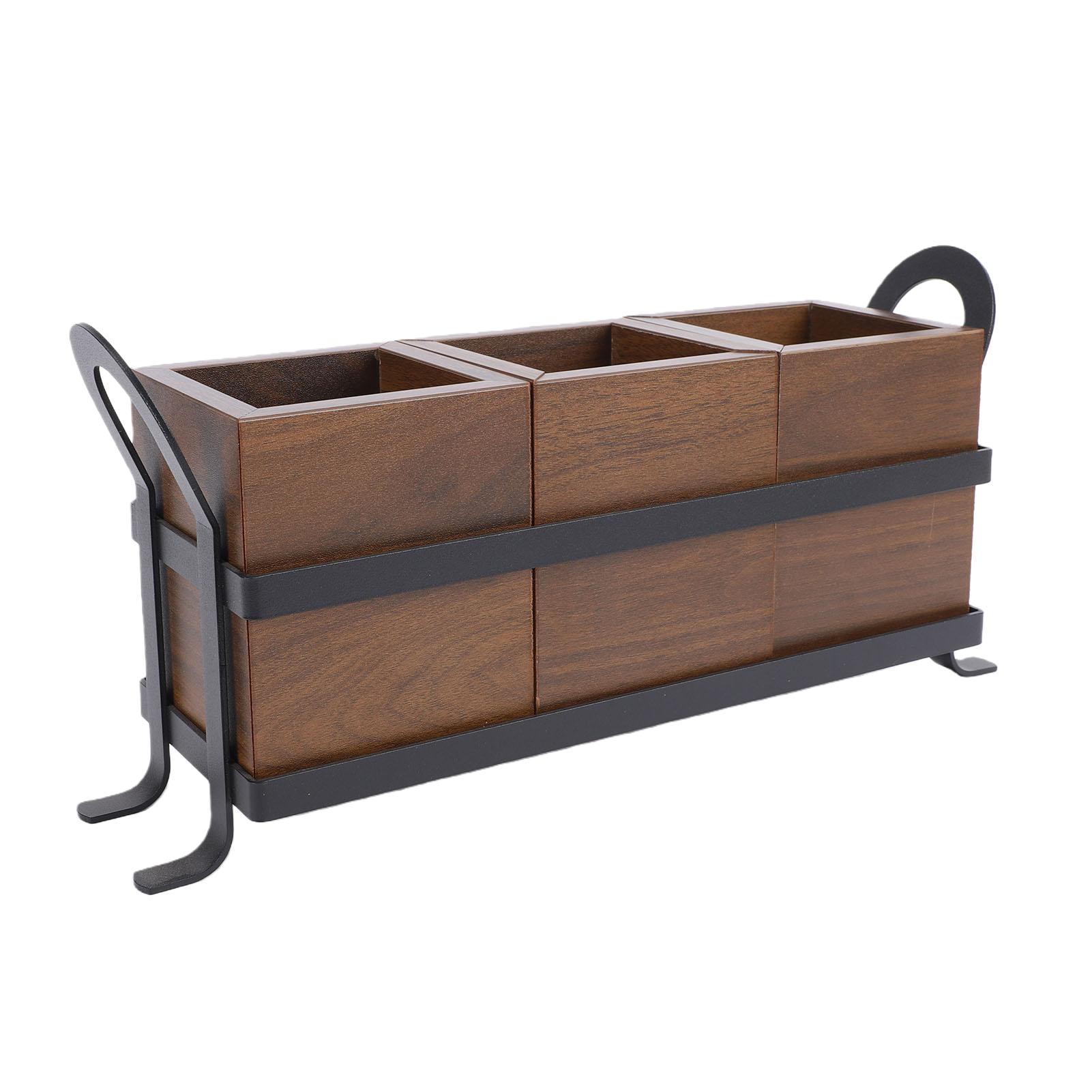 Porte-ustensiles à 3 compartiments Porte-couverts en bois avec plateau métallique pour fourchettes cuillères baguettes Organisateur de couverts black