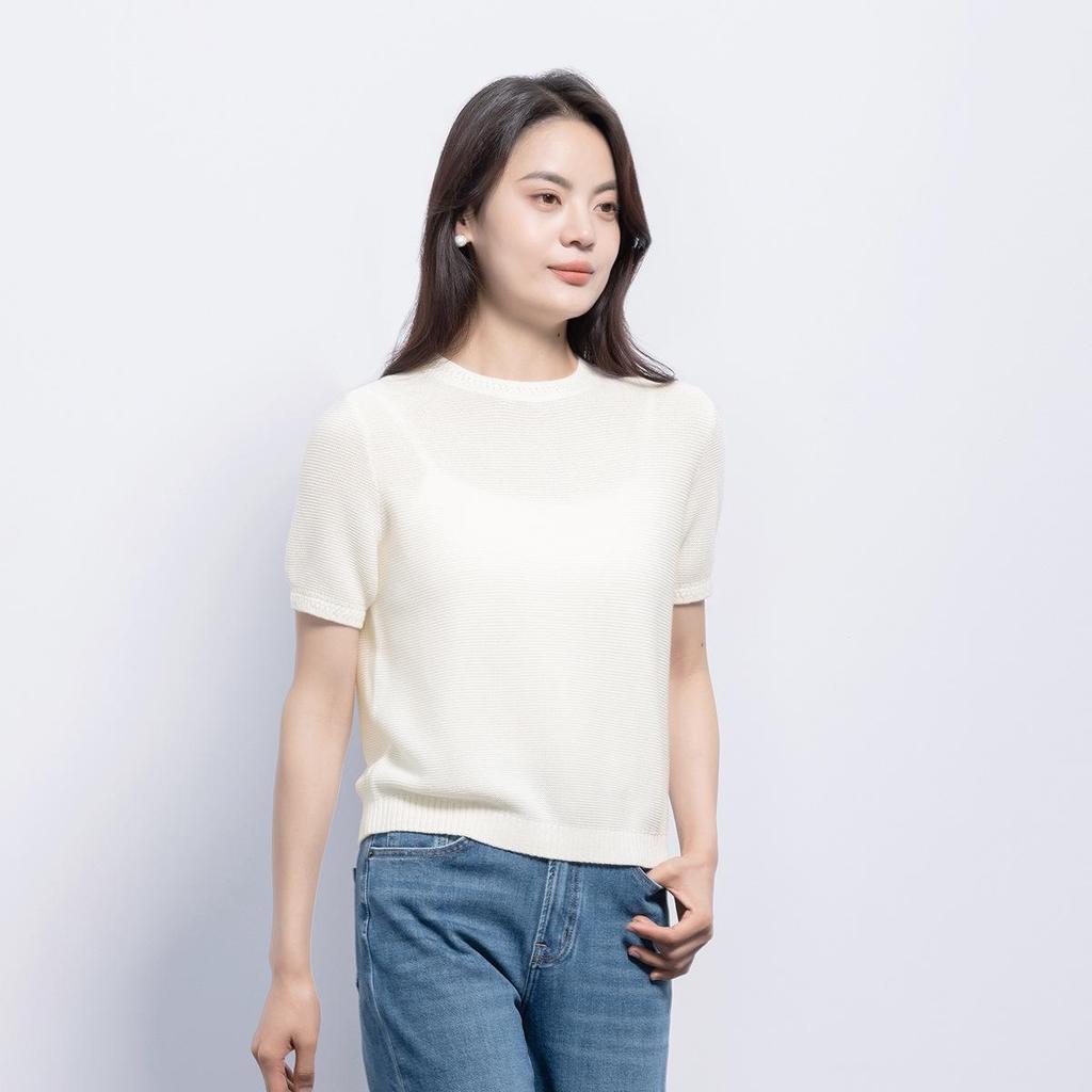 Northern Deer Women's White Knit Top - Summer Short Sleeve, Soft Cotton & Triacetate Blend, Elegant Texture, Style 26113