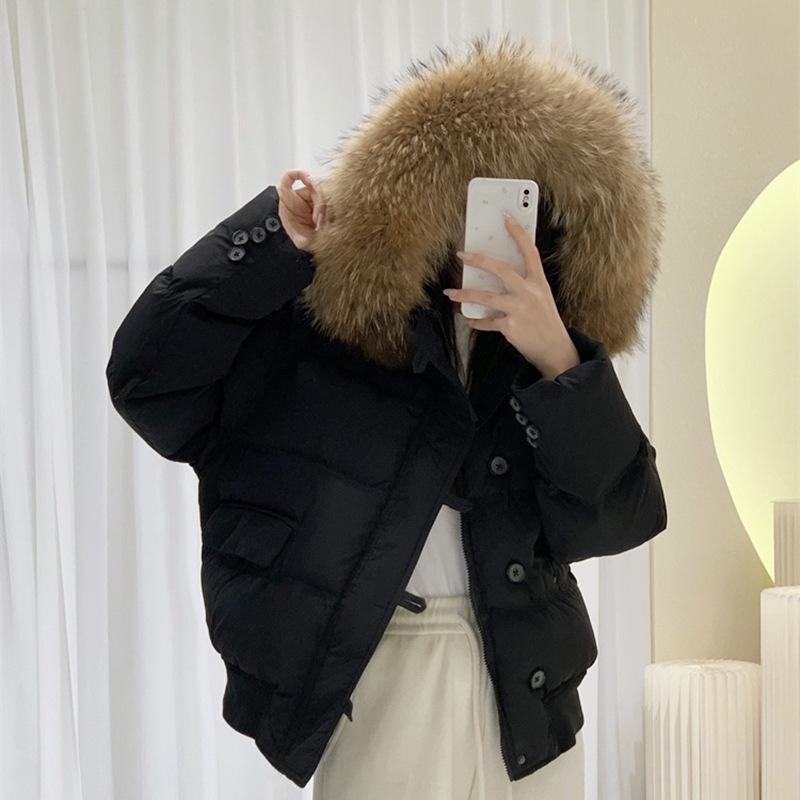 Jachetă scurtă de damă cu guler mare de blană, stil utilitar, rezistentă la vânt, iarnă 2025, groasă, pentru frig extrem, puf de rață albă, jachetă mică tip pâine, la modă