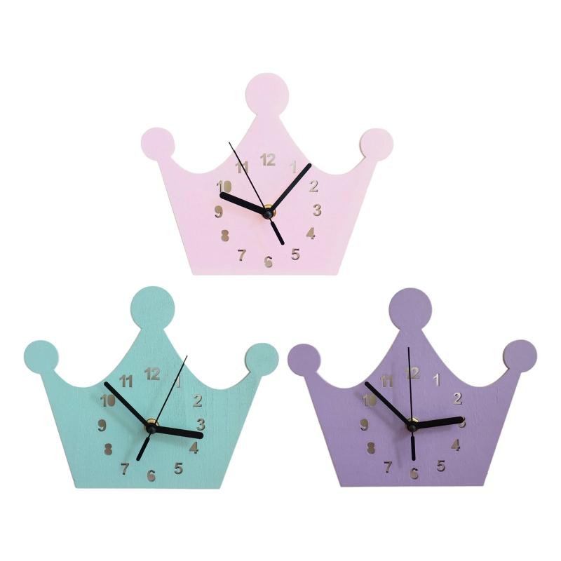 Girls Crown Children's Room Silent Clock Wooden House Clock Wall Decor Clock Cartoon Clock Silent Non Ticking Wall Clock