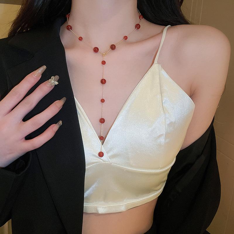 Retro Agate Y-shaped Sweater Long Necklace Real Gold Electroplating Simple and Versatile Beaded Collarbone Necklace Decoration