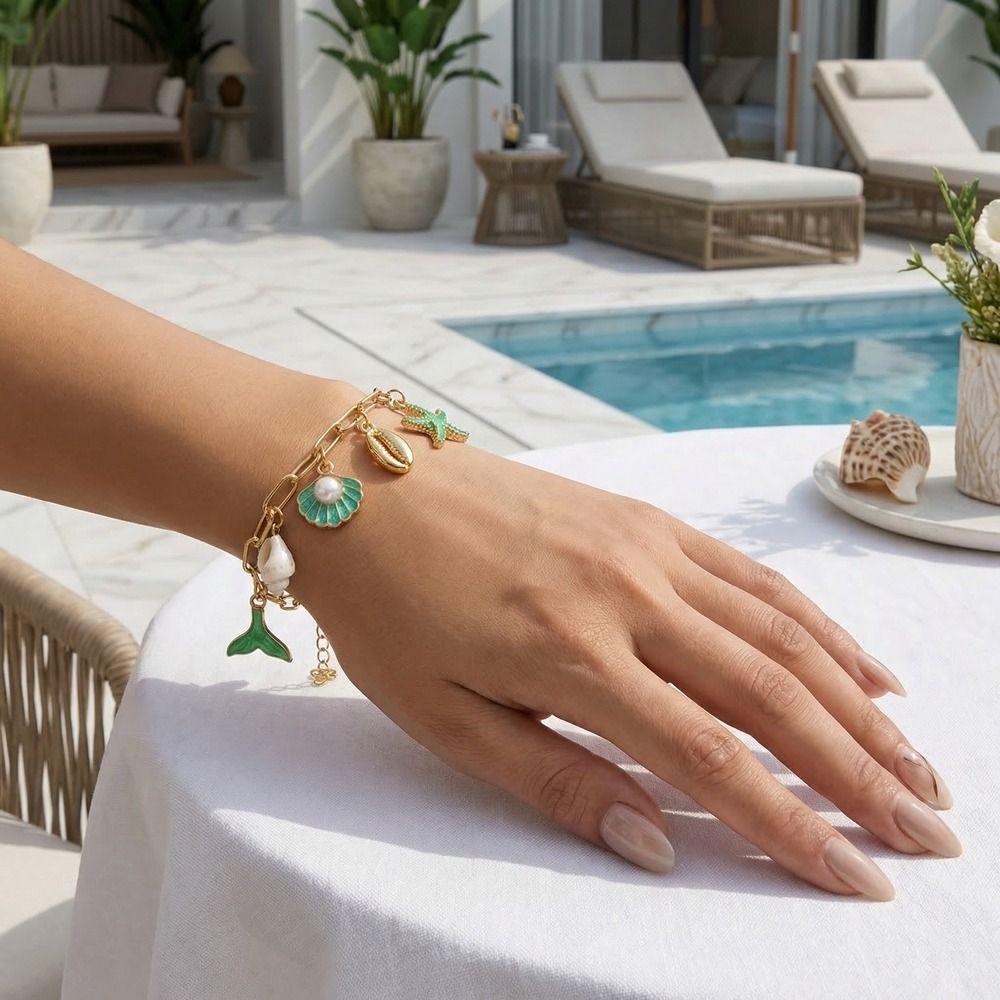 Boho Metal Gold Bracelet Pearl Bohemian Beach Jewelry Vintage Shell Starfish Bracelet  Women