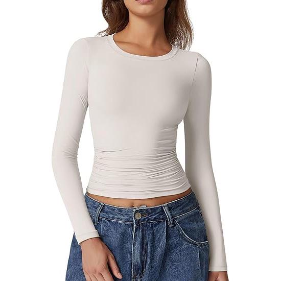 European & American Long Sleeve Round Neck Milk Silk Pullover Tops for Women