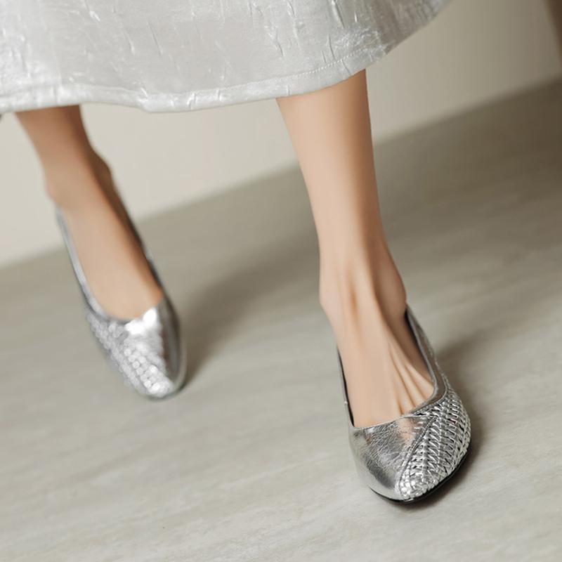 Mode NY Vår/Höst Dam Pumps Rund Tå Klumpig Klack Skor Spaltläderskor för Kvinnor Koncisa Väv Slip-on Handgjorda Skor