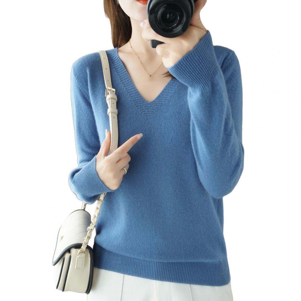 Long Sleeve Sweater Women's V-neck Knit Sweaters Stylish Long Sleeve Pullover Tops with Ribbed Trim for A Chic Elegant Look