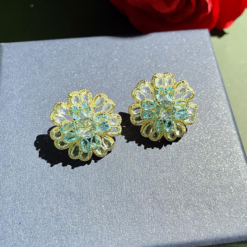 Fashion 925 Silver Needle Earrings for Women Temperament Gradient Cubic Zirconia Colorful Daisy Flowers Sweet Earring Jewelry