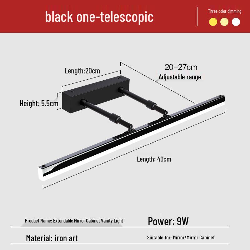 Nordic Minimalist LED Vanity Light, Telescopic Mirror Cabinet, Punch-Free, Three-Color Wall Light for Bathroom