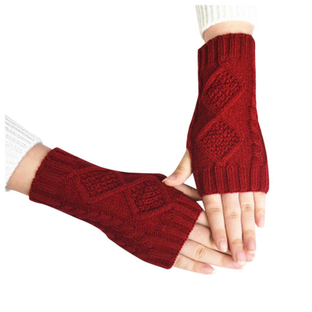 Women Woolen Knitted Diamond Half-Finger Warm Outdoor Cycling Gloves