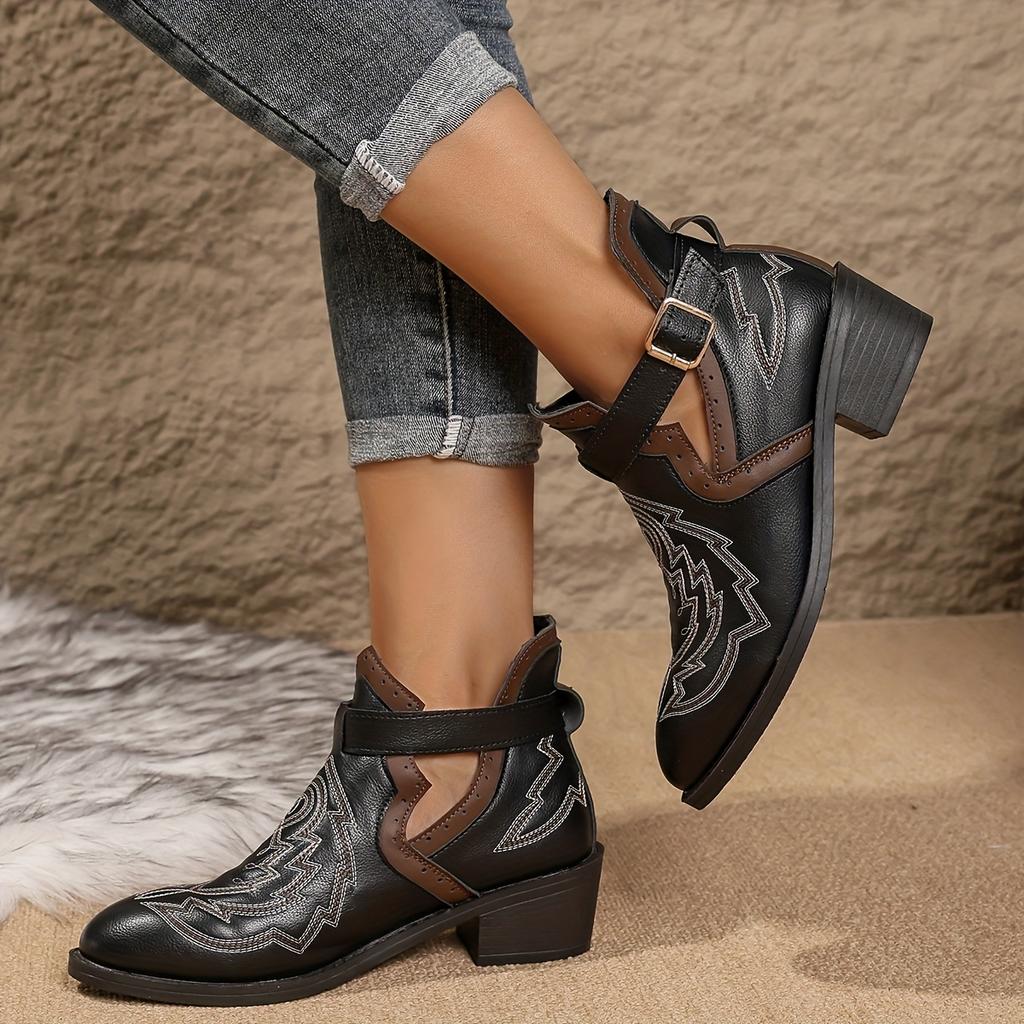 1 Pair Women'S Western Cowboy Boots - Chunky Mid-Heel Square Toe with Buckle Strap Closure, Black Synthetic Cover & Rubber Sole Boots