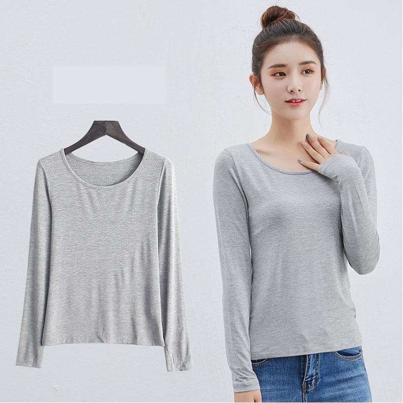 Klassisches Baumwollmischgewebe Damen Langarm Einfarbiges T-Shirt mit zeitlosem Reiz